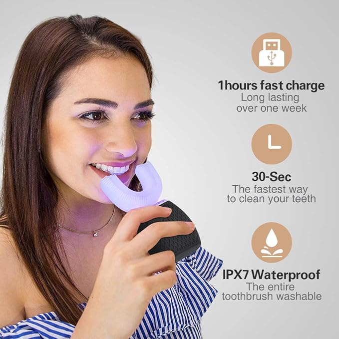 Ultrasonic Automatic Toothbrush Ultrasonic U-Shaped Toothbrushes for Adult 360° Mouth Cleaning Electric ToothBrush with Automatic Timer Wireless Charging Teethbrush Kit for Travel Or Home (Black)