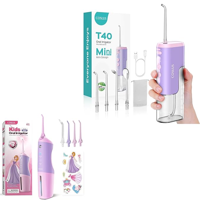 COSLUS Kids Water Dental Flosser &amp Cordless Mini Water Teeth Flossers Deep Cleaning Picks 4 Modes for Ages 6+ Safe Waterproof Flosser
