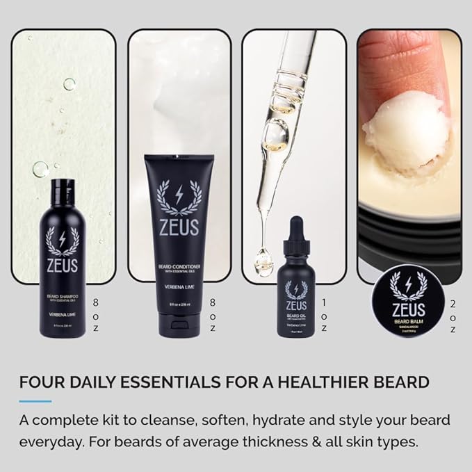 ZEUS Everyday Beard Kit for Men Facial Hair Shampoo Conditioner Oil Balm &amp Tin Gift Box Premium Beard Care &amp Grooming Set (Made in USA) Sandalwood