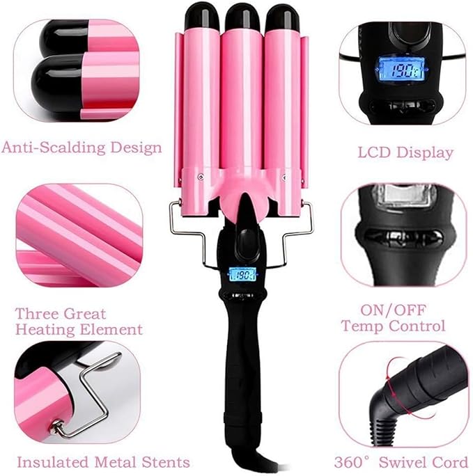 3 Barrels Hair Curler with LCD Display Ceramic Curling Iron Wand Hair Wavers Curling Tongs Beach Wave 80-210°C 14 Gear Temperature Control Pink (Size : 25mm)