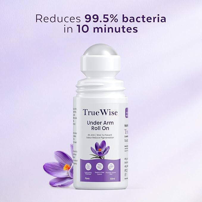 True.wise Underarm Roll On 50ml 4% Aha Bha2% Lactic Acid 1% Mandelic Acid 1% Salicylic Acid Controls Odour &amp Reduces Pigmentation 0% Aluminium &amp 0% Alcohol Long Lasting Flora Fragrance