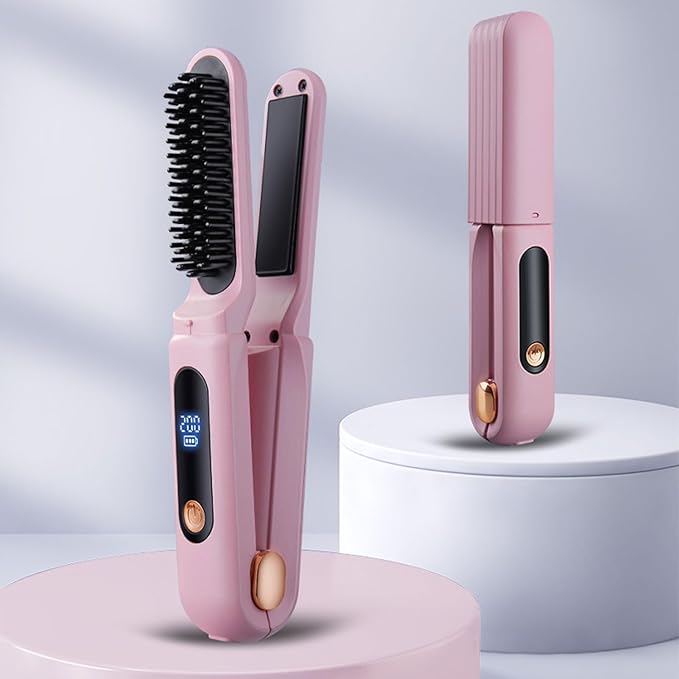 FILFEEL 60W Cordless Hair Straightener Brush 2 in 1 Straightening Comb and Curler with Digital Display 3500mAh Battery for Daily Hairstyles (Pink)