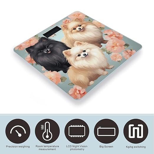 Pomeranians Pattern Bathroom Scale Large LCD Backlight Display Digital Scale Rounded Corners Body Scales Automatic Power On/Off Bathroom Scales for Home Bedrooms
