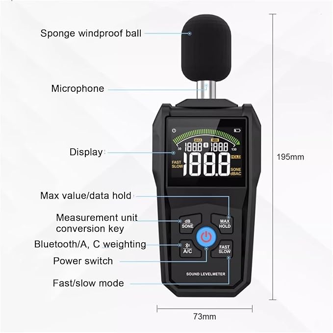 Decibel Meter Digital Sound Level Meter Portable SPL Meter 30dB to 130dB MAX Data Hold with LCD Display Backlight A/C Weighted for Home Factories