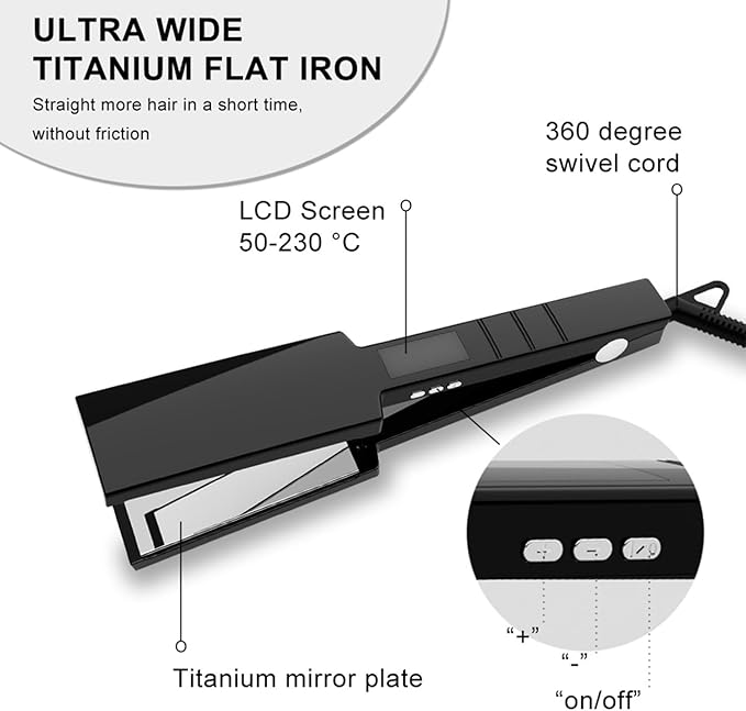 Ultra Wide Professional Hair Straightener Titanium Flat Iron with LCD Display 50-230°C Temperature Control 50x110mm Plates 360° Swivel Cord