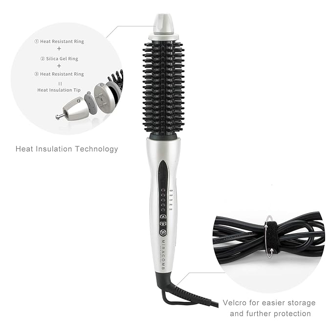 MIRACOMB Hair Curler Straightening Brush - Ceramic Tourmaline Flat Curling Iron - Cool Touch Round Brush PRO Multi Styler with 5 Heat Adjustments 1 Inch Barrel White (Enhanced)
