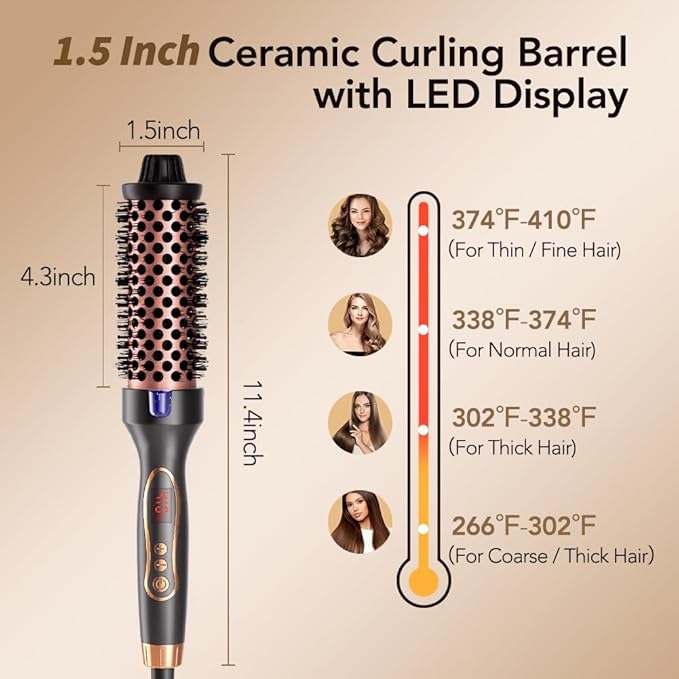 Thermal Brush 1.5 Inch Curling Iron Heated Round Brush Styler Hair Straightener &amp Curler &amp Volumizer 3 in 1 Negative Ion Dual Voltage 9 Temperature Control with LED Display (Inky)