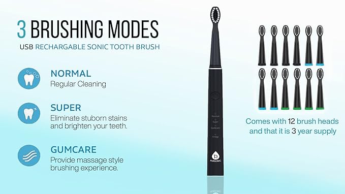 Pursonic Whitening USB Rechargeable Sonic Toothbrush-12 Brush Heads!- 38000 Brush Strokes Per Minute-3 Brushing Modes with 2 Minute Auto Timer (Black)