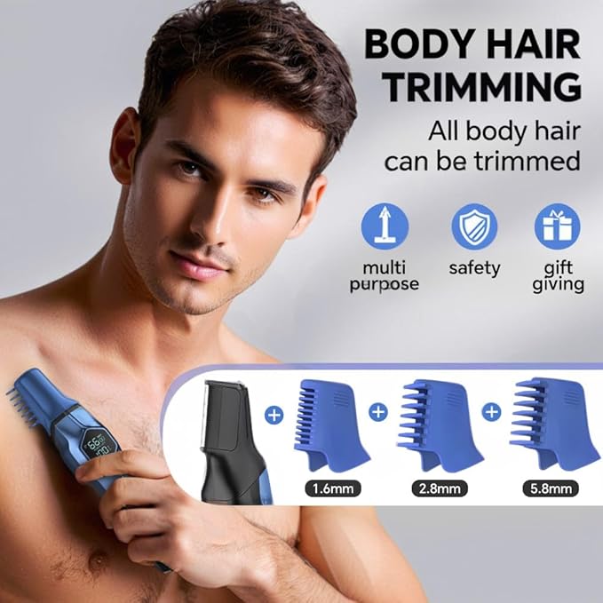 5-in-1 Electric Beard Trimmer Magnetic Replacement Heads Professional Cordless Hair Clippers for Men Rechargeable IPX7 Waterproof Grooming Kit for Face Mustache Body Nose Gifts for Men (Blue)
