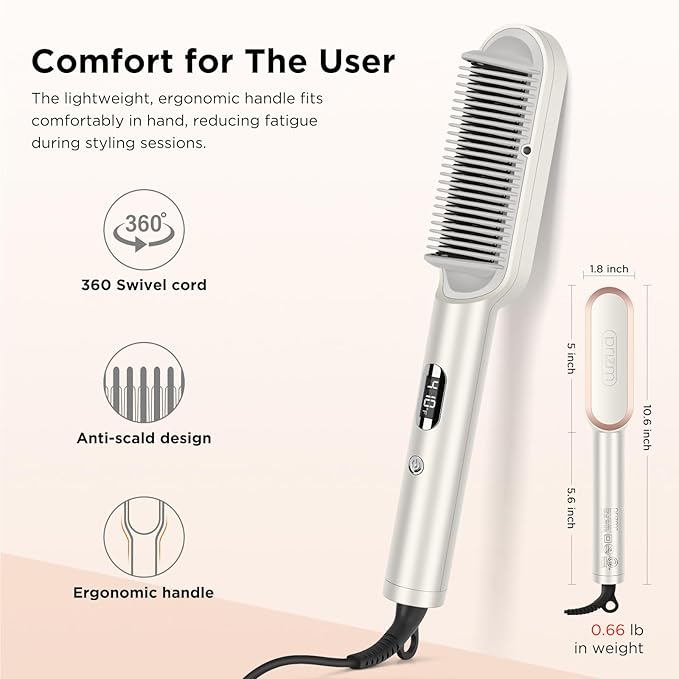 Prizm Hair Straightener Brush 20s Fast Heating Negative Ions Hair Straightening Comb with Less Frizz 4 Temp Settings &amp LED Display Anti-Scald Design for Home Salon Dual Voltage Champagne Sil
