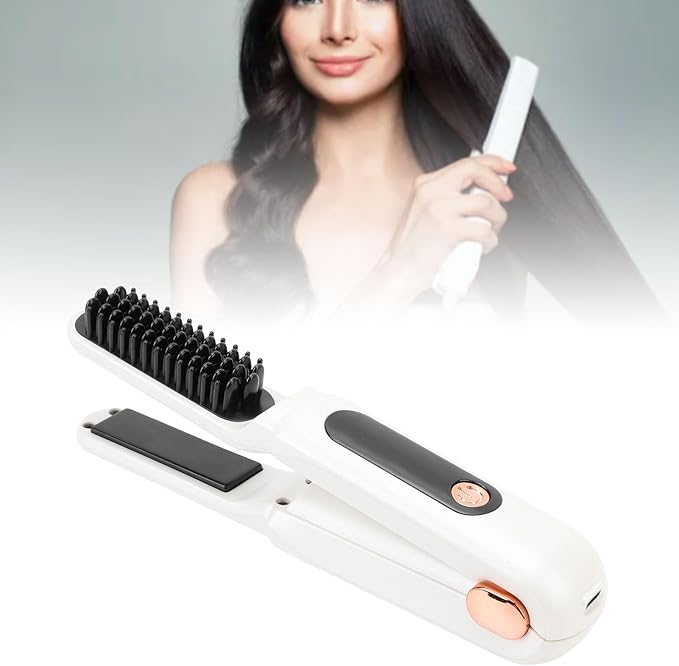 YUYTE Hair Straightener Brush for Women: 2 in 1 Curling &amp Straightening Brush with Dust Cover Ceramic Hot Comb with 3 Temps for Hair Styling (White)