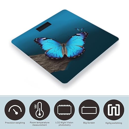 Beautiful Blue Butterfly Scale for Body Weight Safe Rounded Corners Tempered Glass Digital Bathroom Scale LED Display 400lb Capacity Weight Scales with High Precision Sensors