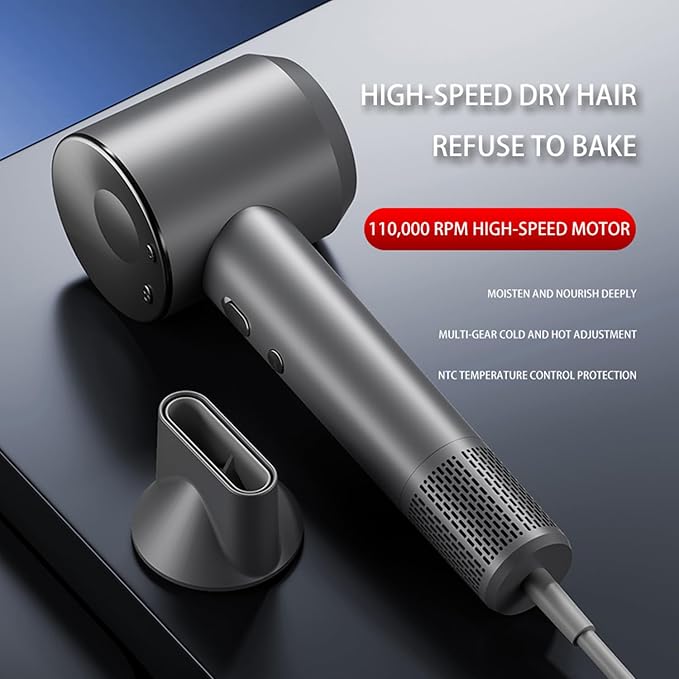 ELOVA High-Speed Hair Dryer 110000 RPM Brushless Motor for Fast Drying Gunmetal Gray Ionic Blow Dryer with Constant Thermo-Control Professional Quiet Hairdryer with Magnetic Nozzle for Home