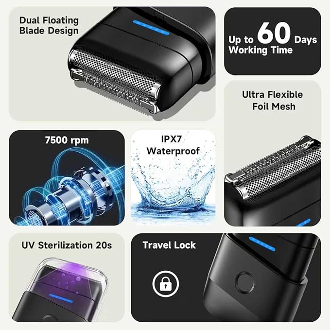 Electric Razor for Men Protable Foil Shaver with Double Floating Blade &amp UV Lamp IPX7 Electric Shavers for Men Cordless Razor with Auto Travel Lock USB-C Rechargeable Trimmer with Wet &amp Dr