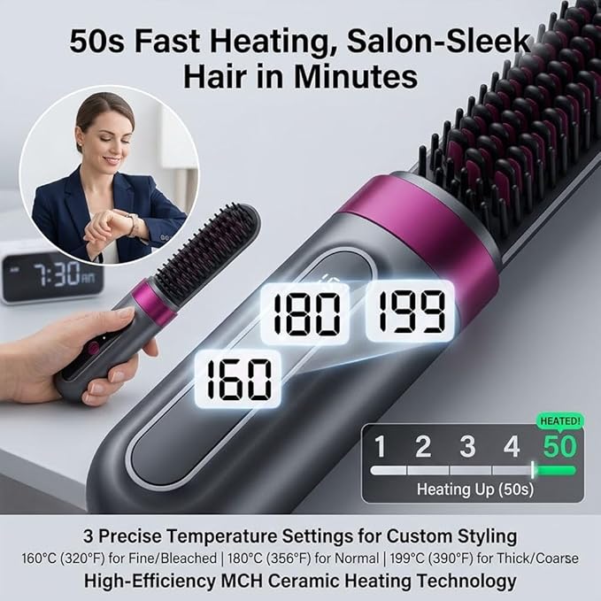Cordless Hair Straightener Brush Portable Mini Ionic Straightening Comb with LCD Display &amp 3 Temp Settings USB Rechargeable Travel Hair Straightener for Women Anti-Scald &amp Fast Heating (2 D