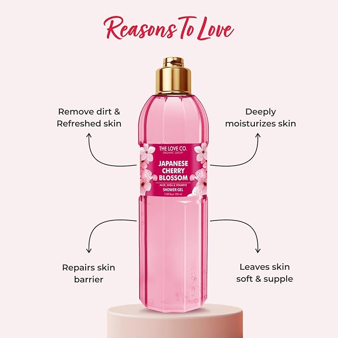 THE LOVE CO Japanese Cherry Blossom Shower Gel | Aloe &amp Vitamin E for Hydration &amp Skin Nourishment | 100% Vegan &amp Paraben-Free | Luxurious Long-Lasting Fragrance | For Women &amp Men 100