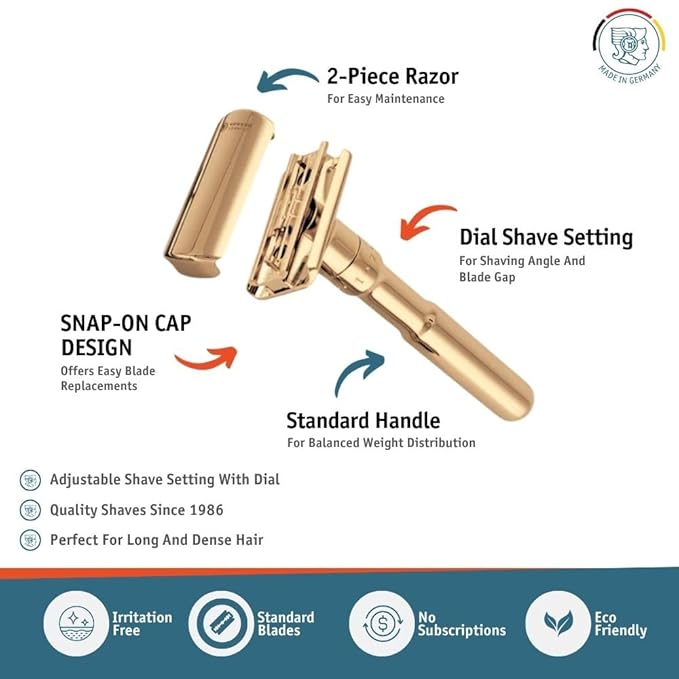 MERKUR FUTUR 702 Adjustable Double Edge Safety Razor - Bright Gold Adjustable Razor With Dial Made in Germany Plastic-Free Snap-On Cap Design Straight Bar