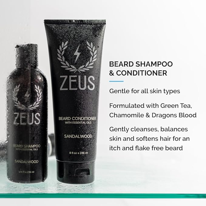 ZEUS Everyday Beard Kit for Men Facial Hair Shampoo Conditioner Oil Balm &amp Tin Gift Box Premium Beard Care &amp Grooming Set (Made in USA) Sandalwood
