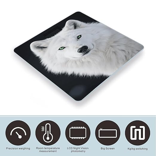 Cool White Wolf with Green Eyes Bathroom Scale for Body Weight LCD Display Digital Bathroom Scale Tempered Glass Bathroom Weight Scales Fashion Smart Scales for Home Bedroom 400 Lb
