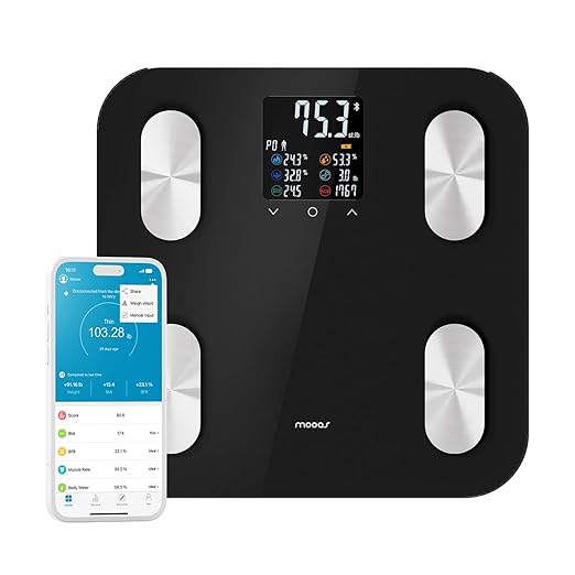 mooas Smart Scale for Body Weight Fat Bluetooth Scale Digital Bathroom Scale with BMI Body Fat Muscle Mass Composition LCD Accurate Wi-Fi Bluetooth Scale for Home Smartphone App 396 lbs (Black)