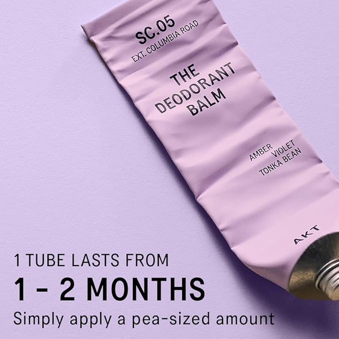 AKT THE DEODORANT BALM. Award winning multi-use natural deodorant. Plastic Free. Gender Free. Aluminium Free. 100% effective — 1 tube lasts up to 3 months. SC.05 COLUMBIA ROAD 50ml/1.76 FL.OZ