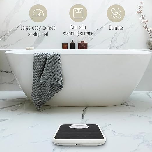 Bodico Classic Retro Analog Mechanical Body Weight Scale Vintage Style Bathroom Scale with Vinyl Top for Health and Fitness 280 lb. (130 kg) Capacity 10.5 L x 10.5 W x 2 H Black