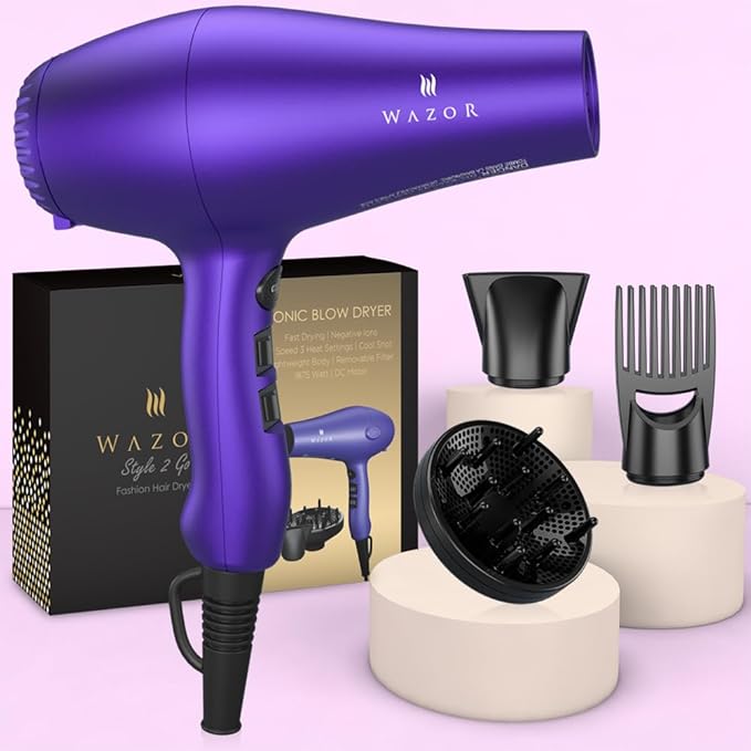 Powerful Hair Dryer- 1875W Professional Ionic Blow Dryer with 3 Attachments (Diffuser Nozzles Combs) 2 Speed 3 Heat Settings &amp Cool Shot Lightweight ALCI Safety Plug