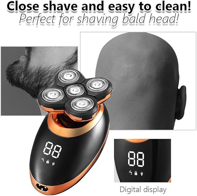 Head Shaver for Men 5 in 1 Professional Electric Shaver USB Rechargeable Washable Men's Five Floating Heads Razors Hair Clipper Nose Ear Hair Trimmer (Color : Golden)