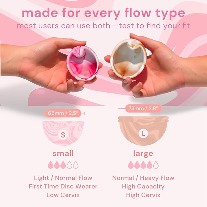 Bodyotics Reusable Menstrual Disc - Wear Up to 12-Hours - Alternative to Menstrual Cups Tampons and Pads for Light or Heavy Flows Leak Proof - Small &amp Large Sizes (Pink and Beige)