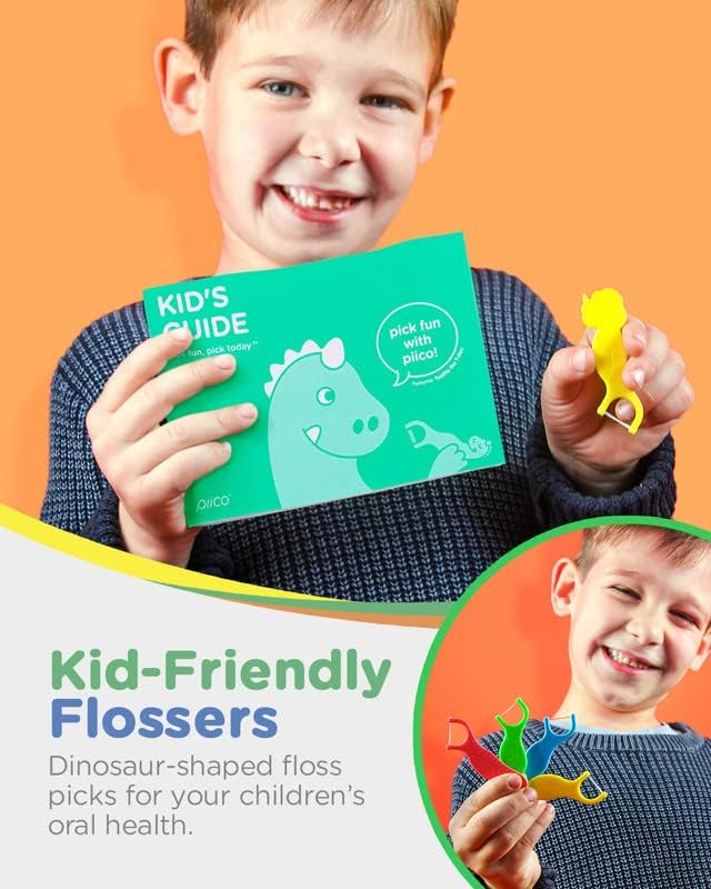 Piico Unflavored Kids Floss - No Fluoride Dual Line Dental Floss Picks - Fun Oral Care in Colorful Floss Sticks Design - Flossers Prevent Tooth Decay &amp Gum Disease - 300 Playground Dino &amp Trav