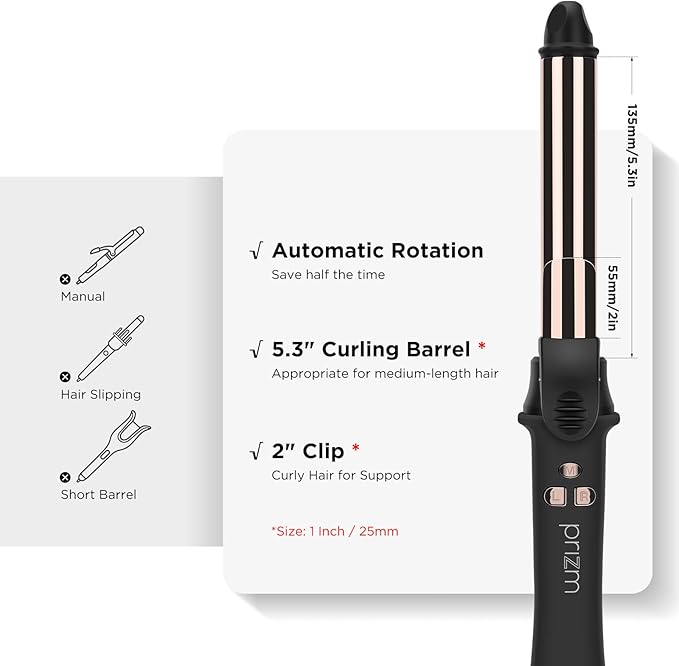 Prizm Rotating Curling Iron 1inch/25mm Automatic Hair Curler for Long Hair Self Spinning Barrel 250-450°F with LCD Display Auto-Shut Off &amp Dual Voltage Black