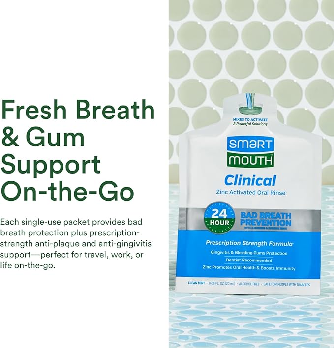 SmartMouth Clinical Zinc Activated Mouthwash Single Packs - On-the-Go Mouth Rinse for Healthy Gum Support - Convenient Portable Packets - Eliminates Bad Breath - Alcohol-Free Non-Burning - 50 Count