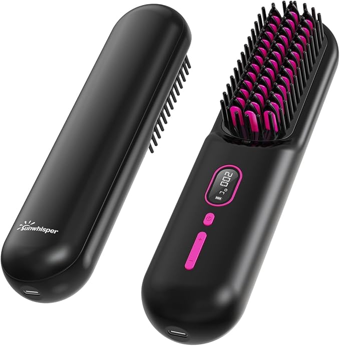 Sunwhisper Cordless Hair Straightener Brush with 200 Million Anion Portable Comb for Travel with LCD Display 2 Clips - Black