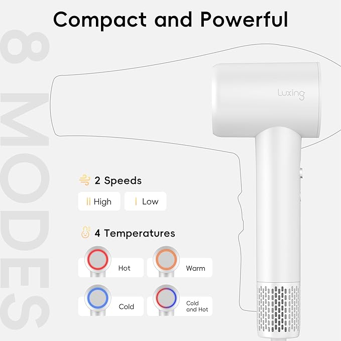 Hair Dryer TurboLux Ionic 200 Million Negative Ions 1500W Fast Drying High Speed Hairdryer with Diffuser Lightweight Low Noise Hair Dryers for Women with 110000 RPM Brushless Motor (Pearl White)