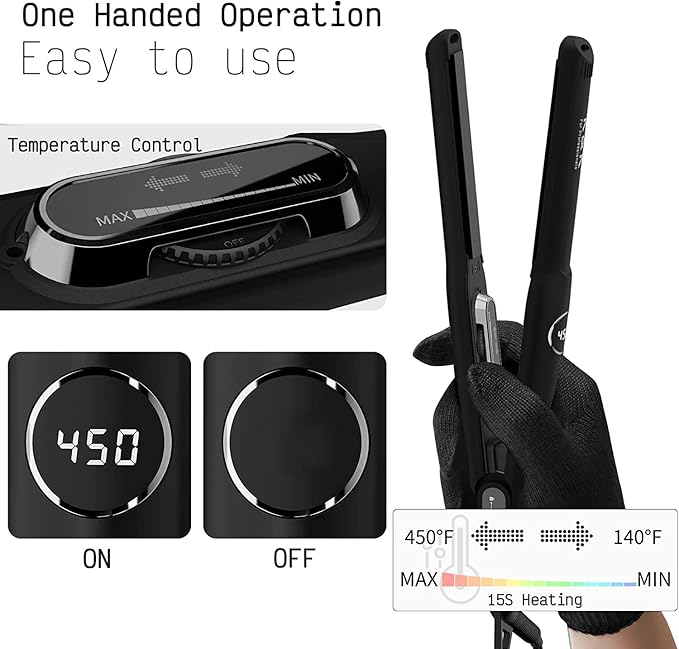 K&ampK Flat Iron Small Mini Tourmaline Titanium Hair Straightener 0.5 inch Plate 4D 360°Swivel LED Display for Woman Short Hair Adjustable Temperature Dual Voltage Auto Shut Off(Black)