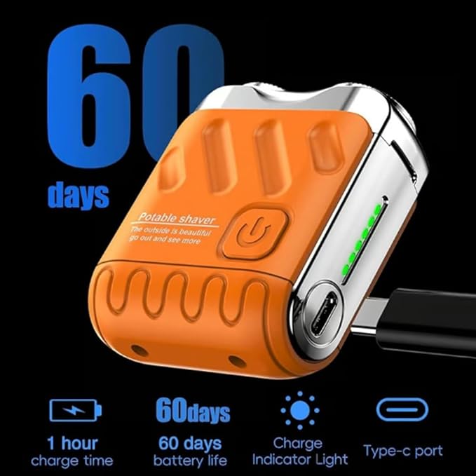 Small Steel Cannon Suspended Magnetic Blade Portable Rotary Dual Ring Electric Shaver Fully Waterproof USB Rechargeable One-Button Long Lasting Foil Shaver for Home Travel (Orange)