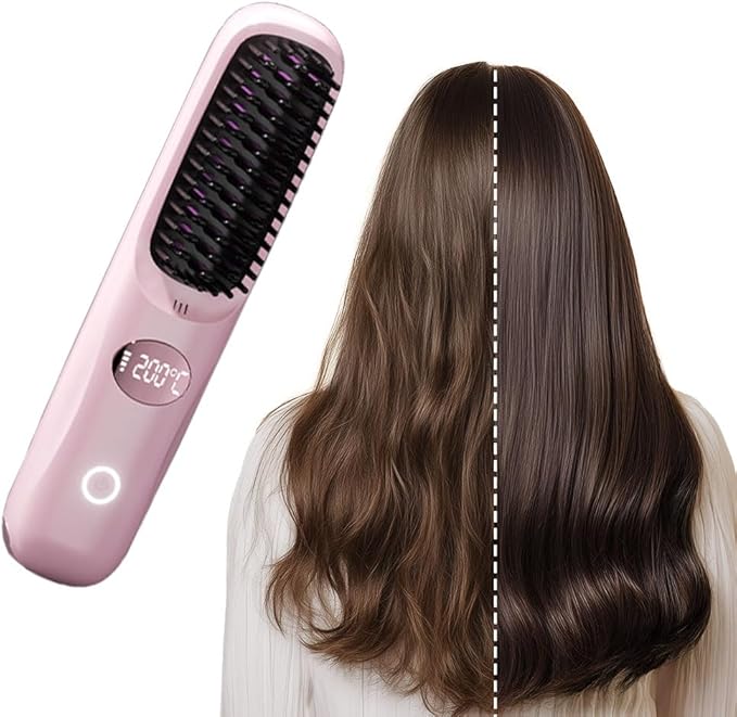 GoBrush Pro for Short HairPortable Straightener Brushes for Travel2026 gobrush pro Cordless Ceramic Hair Straightener with LCD Temperature DisplayFast Styling Brush (Pink)