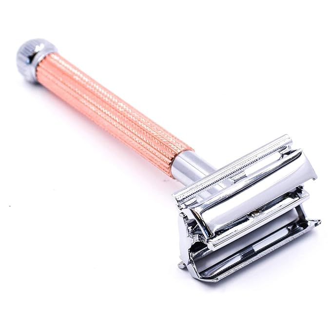 Parker 29L Rose Gold Long Handle Butterfly Open Double Edge Safety Razor for Men &amp Women 5 Parker Premium Platinum Double Edge Razor Blades Included