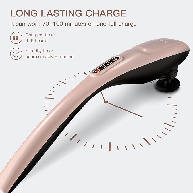 MEGAWISE Cordless Handheld Back Massager w/Rechargeable 3200mAh Battery 5 Speed and 5 +2 Massage Nodes with Hard Medium and 2 Soft Silicone Nodes Massage While Moving Around (Rose Gold)