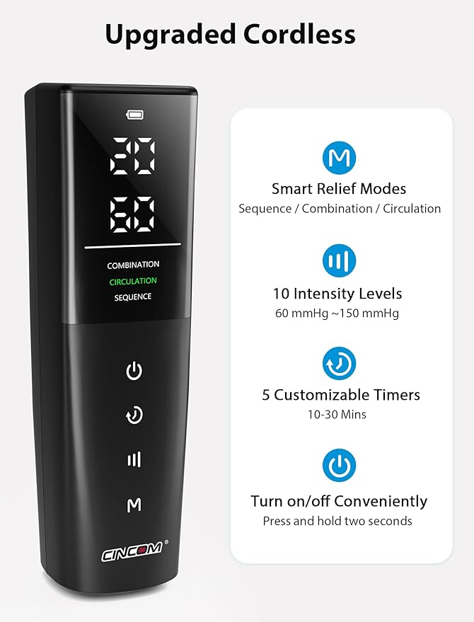 CINCOM Cordless Air Compression Massager - Rechargeable Leg &amp Foot Boots with 3 Modes 10 Intensity Levels 5 Timer Settings for Circulation Pain Relief Edema RLS &amp Recovery