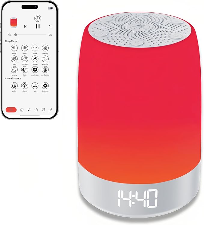 Red Light Sleep Sound Machine – Night Light for Bedroom with 5-Level Red Light Therapy (620–690nm) 32 White Noise &amp Nature Sounds Smart App Control Timer &amp Wake-Up Alarm Clock