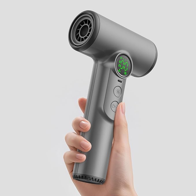 fosa Cordless Hair Dryer Rechargeable Battery Operated Blow Dryer 100 Heat &amp Speed Settings 30000 RPM with Digital Screen &amp Memory Function for Travel Students Dormitory (Dark Gray)