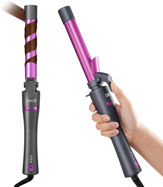 SKG Automatic Rotating Curling Iron 1-Inch Ceramic Barrel 2-Way Rotation 3 Heat Levels 60s Fast Heating 30-Min Auto Shut-Off Dual Voltage for Effortless Beach Waves &amp Curls