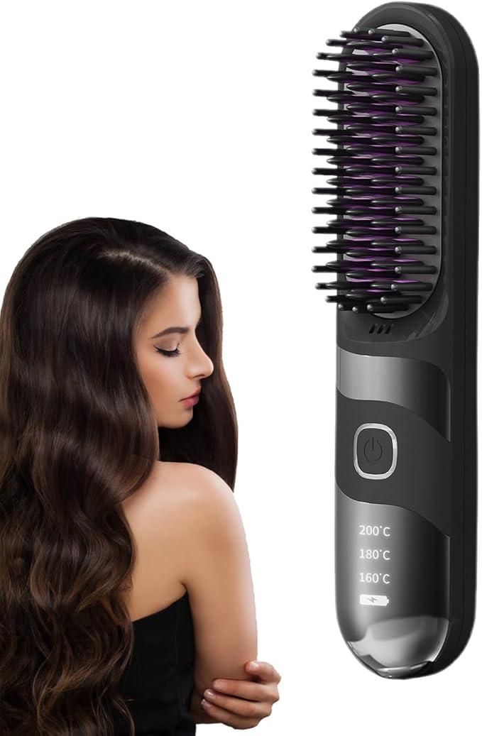 Rechargeable Hair Straightener | Curler Brush for Home Use - Anti-Scald 2-in-1 Cordless Ionic Cordless Straightener Brush for All Hair Types