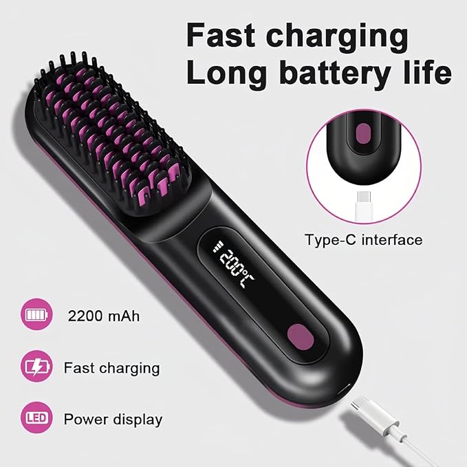 SALAN Cordless Hair Straightener Brush Portable Mini Ionic Hair Straightener with Titanium Plates USB Rechargeable Travel Straightening Comb for Short Wavy Hair Bangs &amp Quick Touch Ups (White)