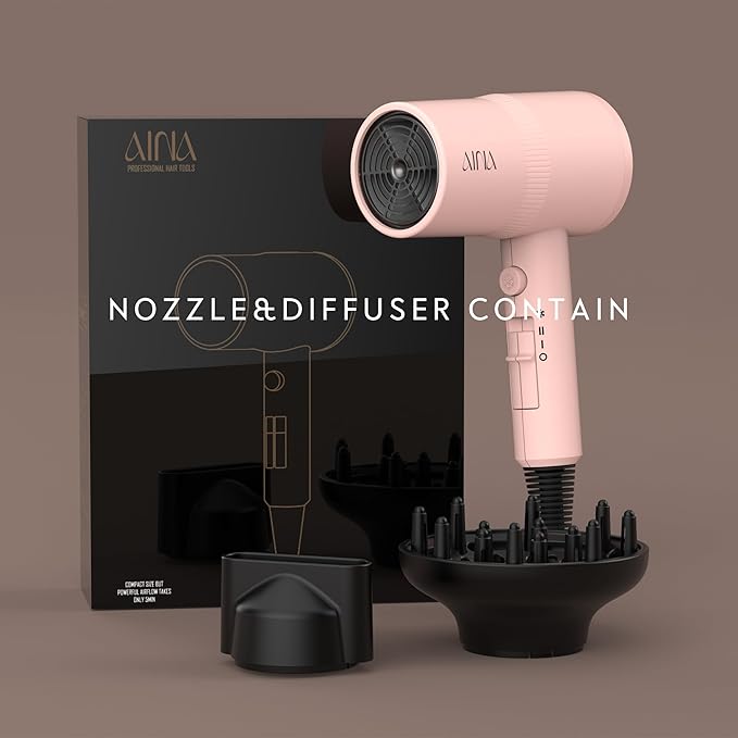 AINA Hair Dryer with Diffuser Blow Dryer for Women | Advanced Ionic Technology Ceramic Coating | Cold Shot Features Turbo Heat for Fast Drying and Shine 110V/ALCI (Babe Pink)