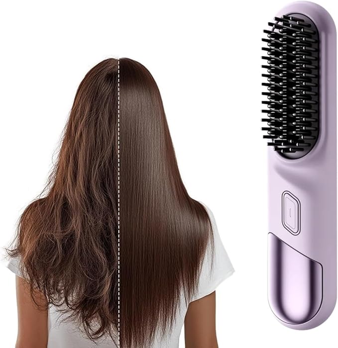 Wireless Rechargeable Ceramic Heating Hair Straightening Comb - Fast Heating Portable Straightener Brush for Travel &amp Home Use (Purple)