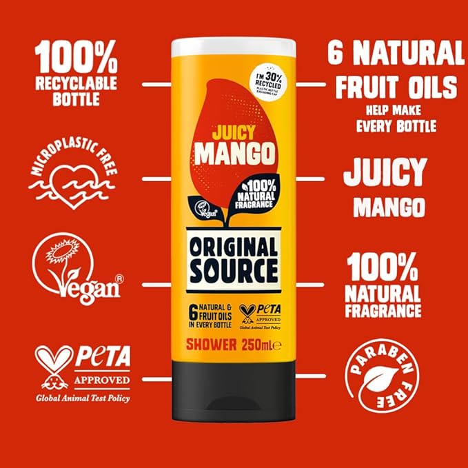 Original Source Mango Shower Gel 100 Percent Natural Fragrance Vegan Cruelty Free Paraben Free Bulk Buy Pack of 6 x 250 ml