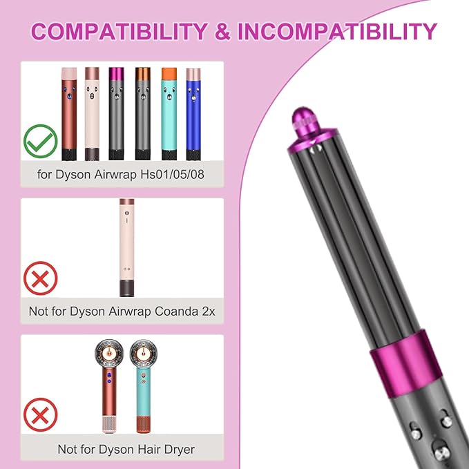 40mm/1.6 Hair Long Barrel Attachment for Dyson Airwrap HS01/05/08 Adjustable Bidirectional Auto-Wrap Curling for Bouncy Curls or Waves Rose