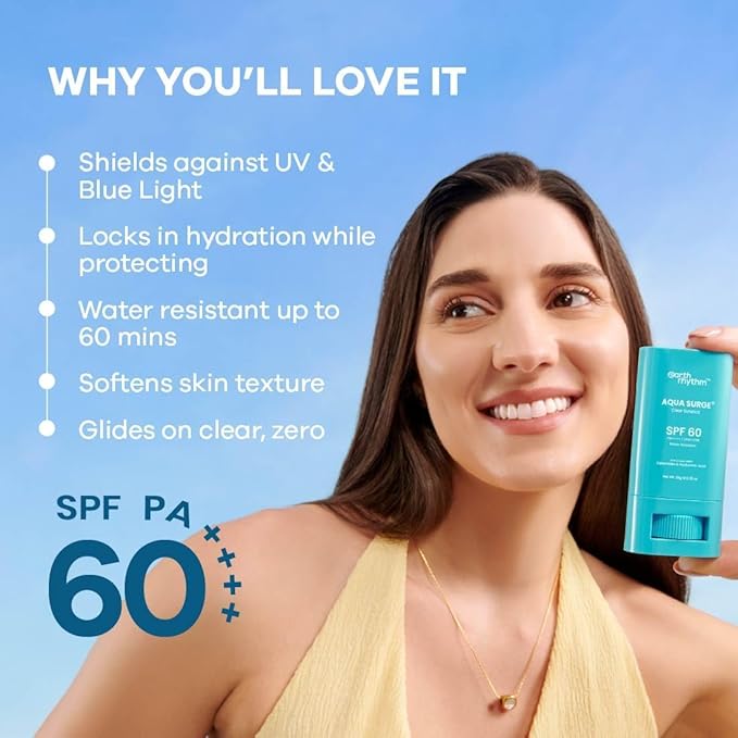 Ear.th-Rhythm Aqua Surge Hydrating Sunstick SPF 60 PA++++ | Ceramides &amp Hyaluronic Acid Sunscreen Stick | Lightweight Broad Spectrum UVA/UVB Protection | Vegan &amp Paraben Free | 20g